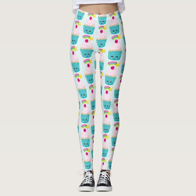 Cute Blue Cupcoa med Kawaii Ansikte Leggings (Framsida)