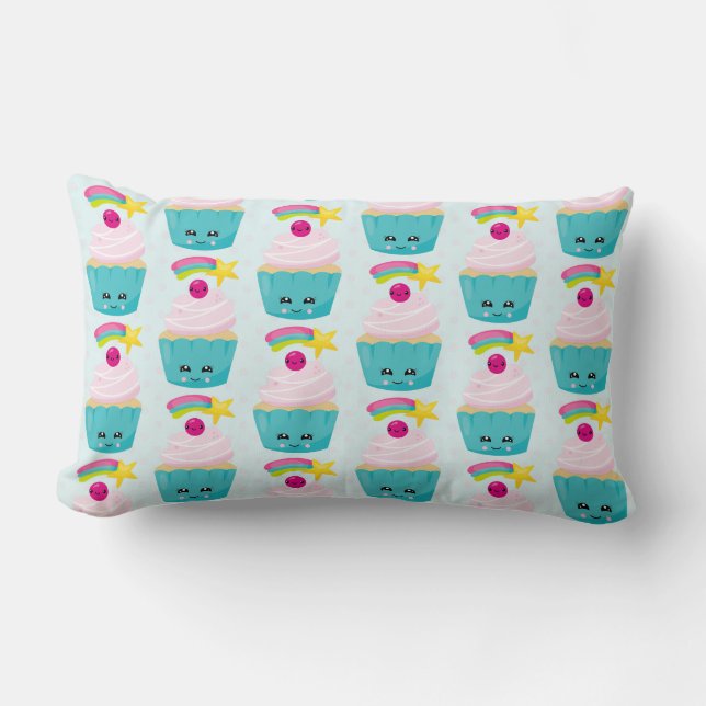 Cute Blue Cupcoa med Kawaii Ansikte Mönster Lumbarkudde (Framsida)