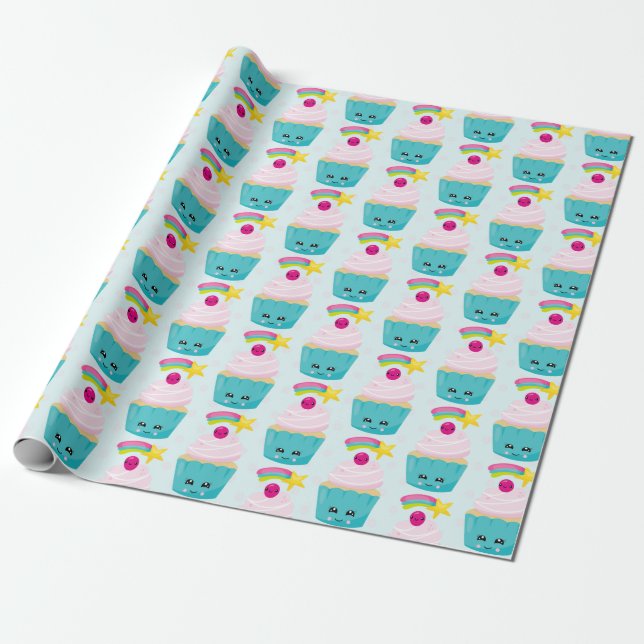 Cute Blue Cupcoa med Kawaii Ansikte Mönster Presentpapper (Utrullad)