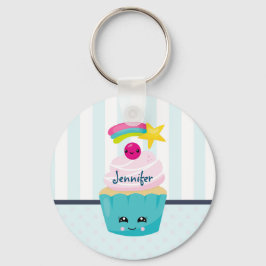 Cute Blue Cupcoa med Kawaii Ansikte Nyckelring
