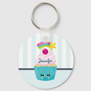 Cute Blue Cupcoa med Kawaii Ansikte Nyckelring