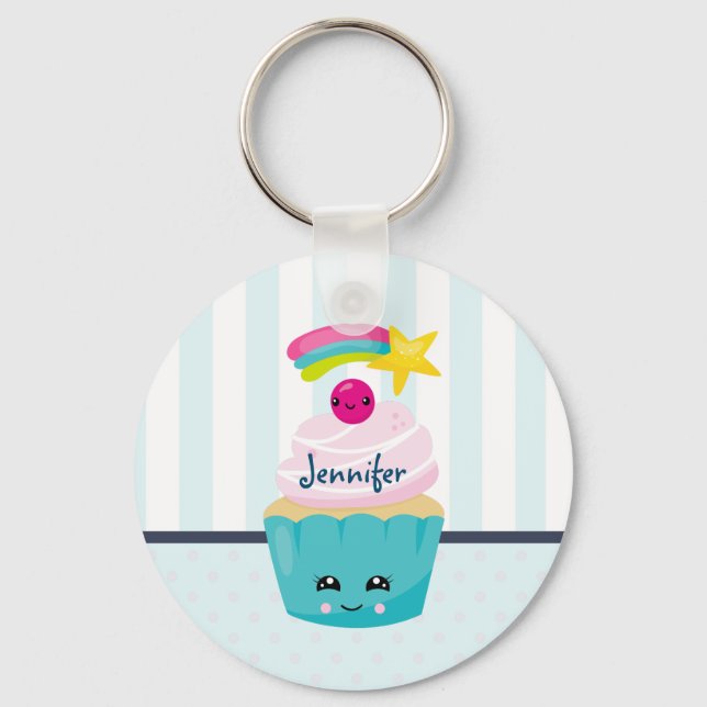 Cute Blue Cupcoa med Kawaii Ansikte Nyckelring (Framsida)
