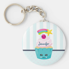 Cute Blue Cupcoa med Kawaii Ansikte Nyckelring