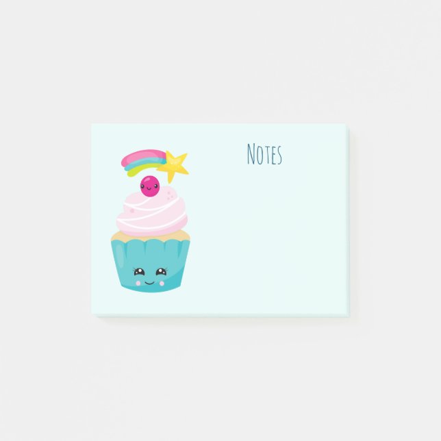 Cute Blue Cupcoa med Kawaii Ansikte Post-it Block (Framsida)