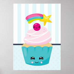 Cute Blue Cupcoa med Kawaii Ansikte Poster