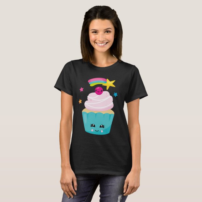 Cute Blue Cupcoa med Kawaii Ansikte T Shirt (Hel framsida)