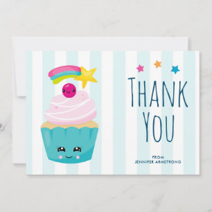 Cute Blue Cupcoa med Kawaii Ansikte Tack Kort