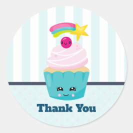 Cute Blue Cupcoa med Kawaii Ansikte Tack Runt Klistermärke