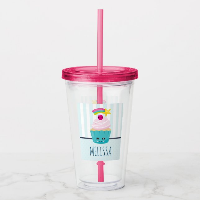 Cute Blue Cupcoa med Kawaii Ansikte Take Away Mugg (Framsida)