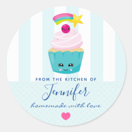 Cute Blue Cuptårta med Kawaii Ansikte Kitchen Runt Klistermärke
