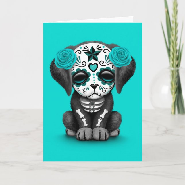 Cute Blue Day of the dead Puppy Hund Kort (Framsida)