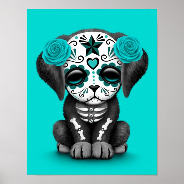 Cute Blue Day of the dead Puppy Hund Poster (Framsidan)