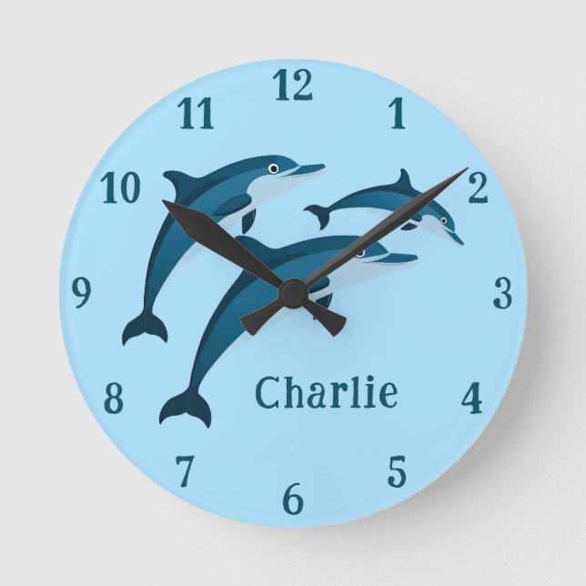 Cute Blue Delphys children Wall Clock Rund Klocka (Framsida)