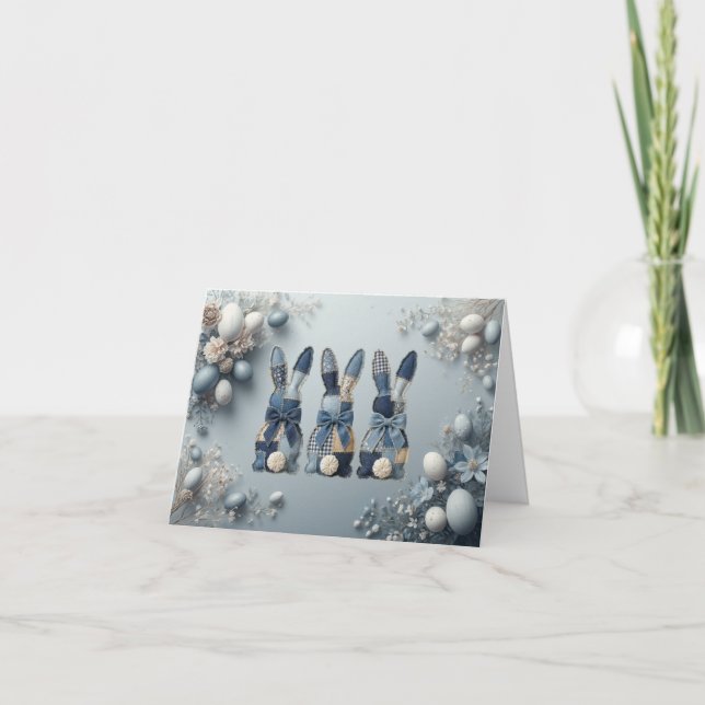Cute blue denim bunnies easter card tack kort (Framsida)