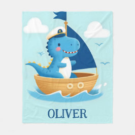 Cute Blue Dino Boat Kapten Fleecefilt