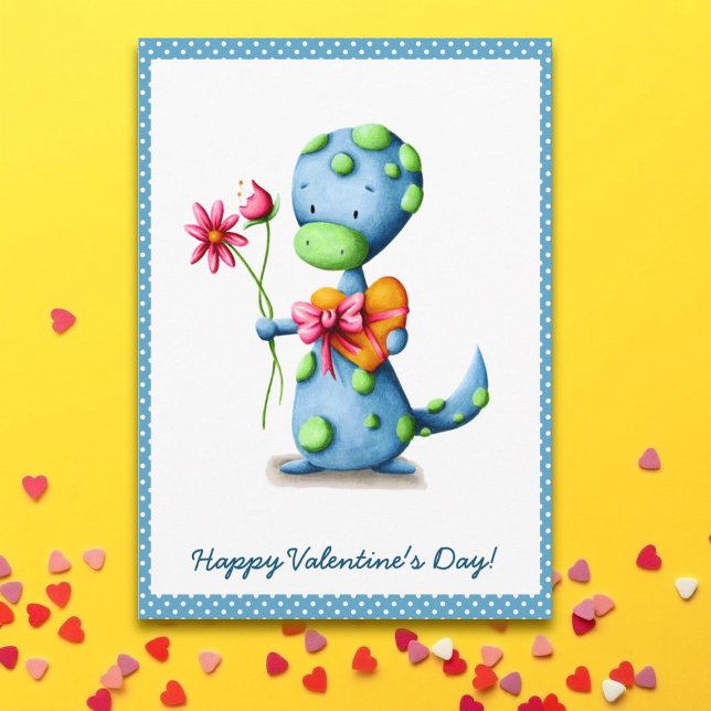 Cute Blue Dino Valentine Day Kort (Skapare uppladdad)