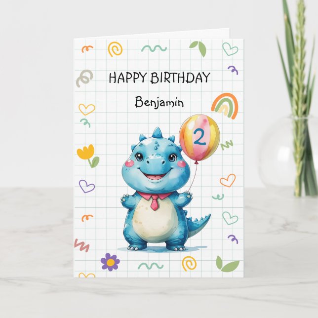 Cute Blue Dinosaur Balloon Boy Grattis på födelsed Tack Kort (Framsida)