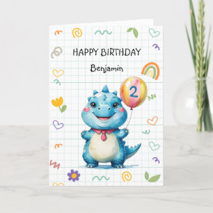 Cute Blue Dinosaur Balloon Boy Grattis på födelsed Tack Kort