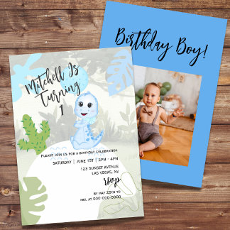 Cute Blue Dinosaur Balloon First Birthday Photo Inbjudningar