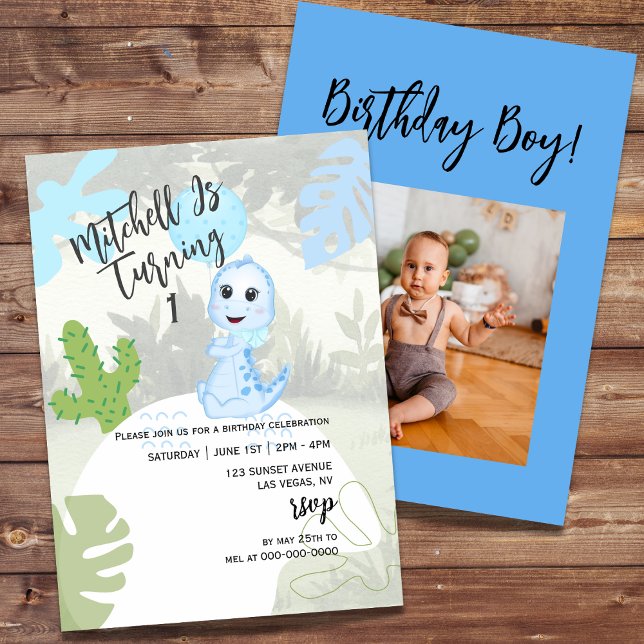 Cute Blue Dinosaur Balloon First Birthday Photo Inbjudningar (Skapare uppladdad)