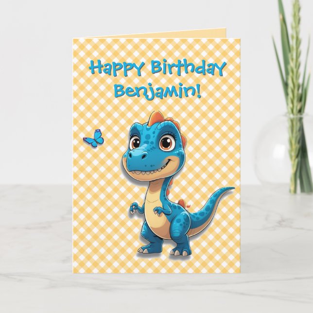 Cute Blue Dinosaur Birthday Card-för barn Kort (Framsida)