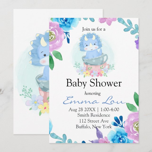 Cute Blue Dinosaur Blommigt Tekopp Boy Shower Inbjudningar (Fram/baksida)