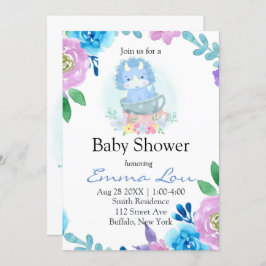 Cute Blue Dinosaur Blommigt Tekopp Boy Shower Inbjudningar