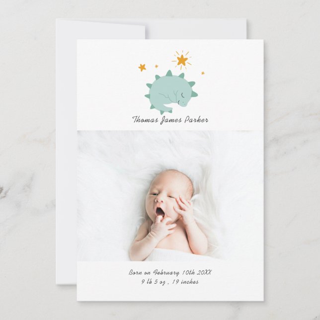 Cute Blue Dinosaur Boy Baby Photo Birth Meddelande (Framsida)