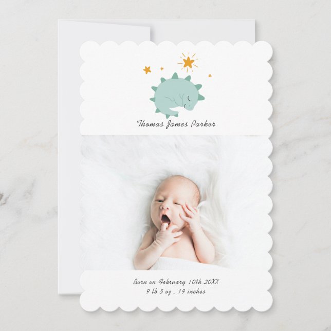 Cute Blue Dinosaur Boy Baby Photo Birth Meddelande (Framsida)
