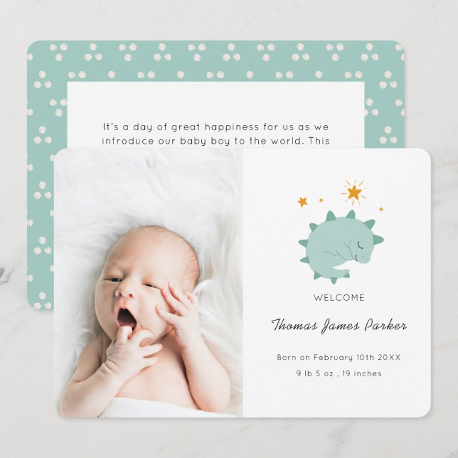 Cute Blue Dinosaur Boy Baby Photo Birth Meddelande (Fram/baksida)