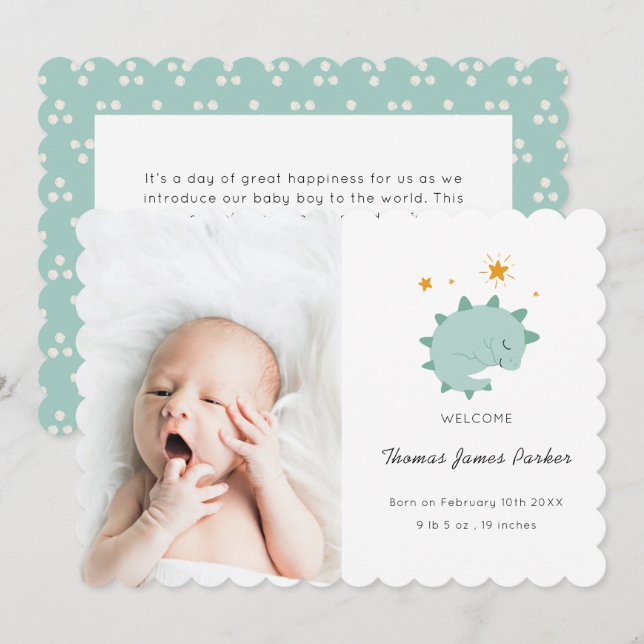 Cute Blue Dinosaur Boy Baby Photo Birth Meddelande (Fram/baksida)