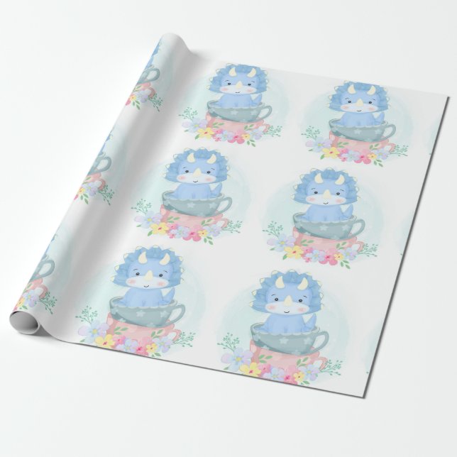 Cute Blue Dinosaur Inside Tekopp Boy Shower Presentpapper (Utrullad)