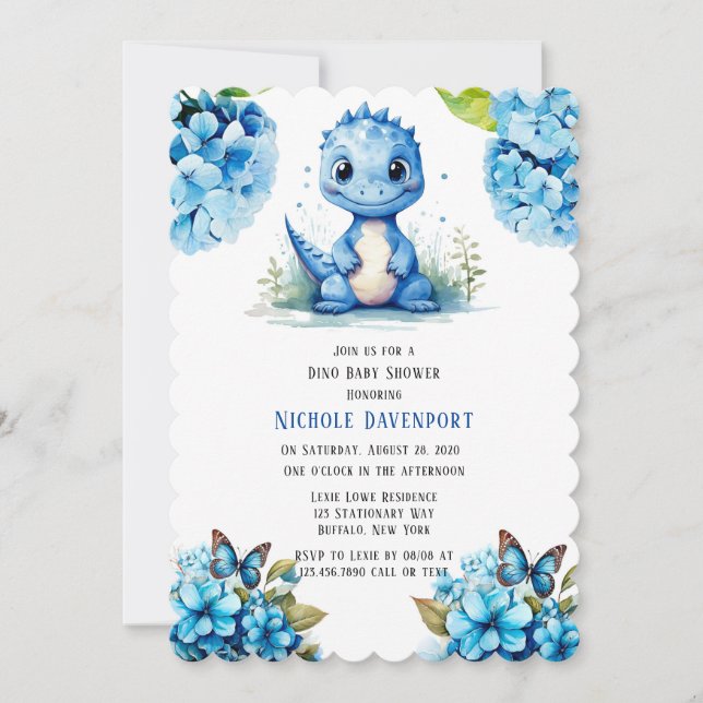 Cute Blue Dinosaur med Blommigt Boy Baby Shower Inbjudningar (Framsida)