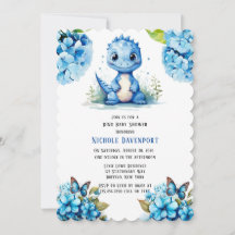 Cute Blue Dinosaur med Blommigt Boy Baby Shower