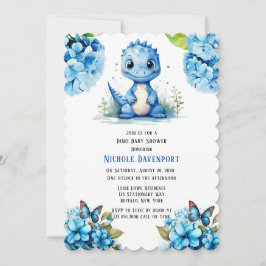 Cute Blue Dinosaur med Blommigt Boy Baby Shower Inbjudningar