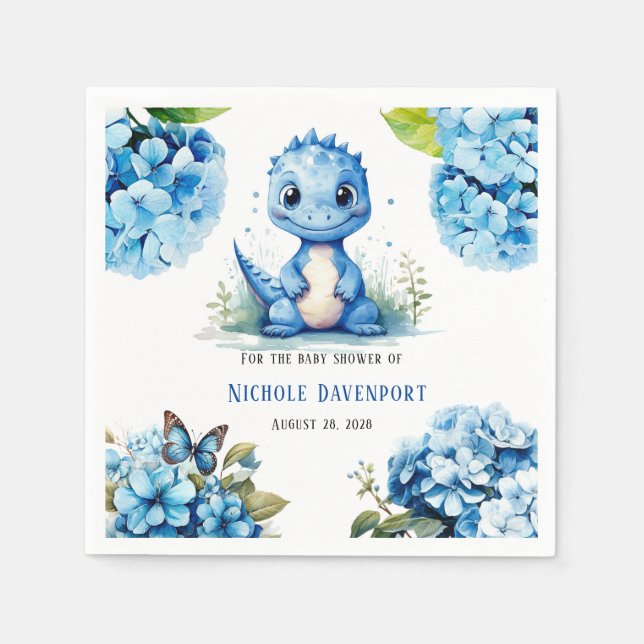 Cute Blue Dinosaur med Blommigt Boy Baby Shower Pappersservett (Framsidan)