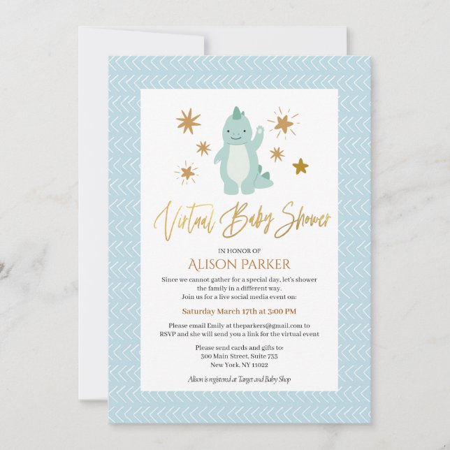 Cute Blue Dinosaur med Virtuell babystövel av stjä Inbjudningar (Framsida)