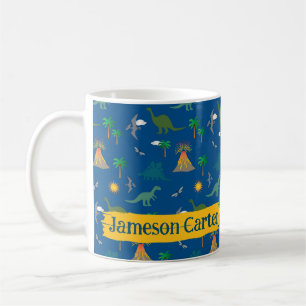 Cute Blue Dinosaur Mönster Wildlife Plants Namn Kaffemugg