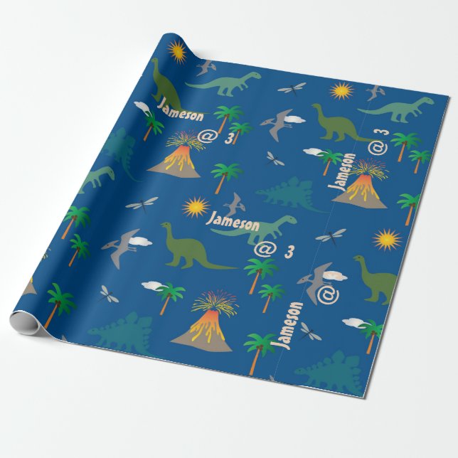 Cute Blue Dinosaur Mönster Wildlife Plants Namn Presentpapper (Utrullad)