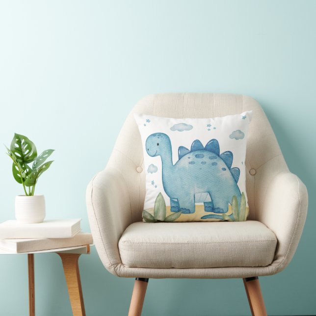 Cute Blue Dinosaur Nursery Throw Pillow Watercolor Kudde (Stol)