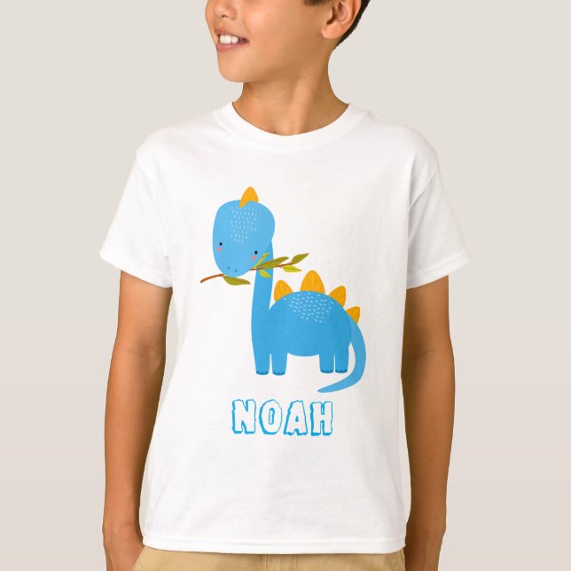 Cute Blue Dinosaurs egna namn Boys T-Shirt. T Shirt (Framsida)
