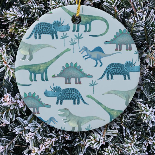 Cute Blue Dinosaurs Julgransprydnad Keramik (Fun blue dinosaur pattern Christmas ornament)