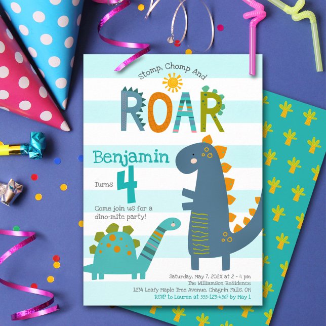 Cute Blue Dinosaurs Stomp Chomp Roar Boy Birthday Inbjudningar (Skapare uppladdad)