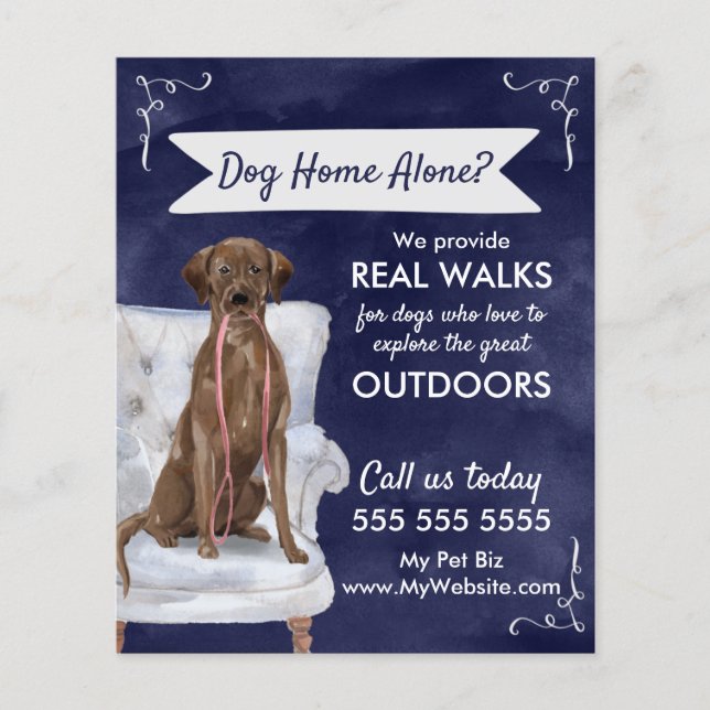 Cute Blue Dog Walker Flyer med Swirls och Banner (Framsidan)