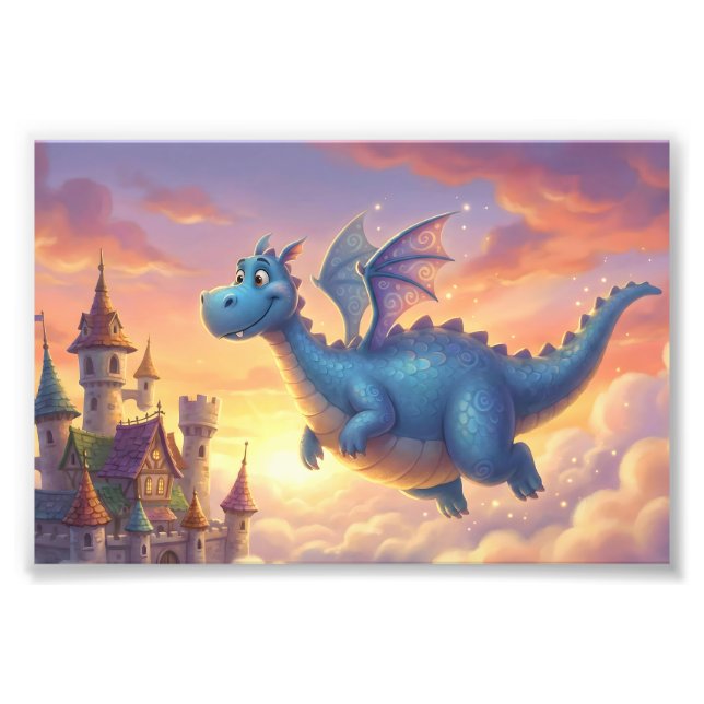 Cute Blue Dragon Flying Over Castle  Fototryck (Framsidan)