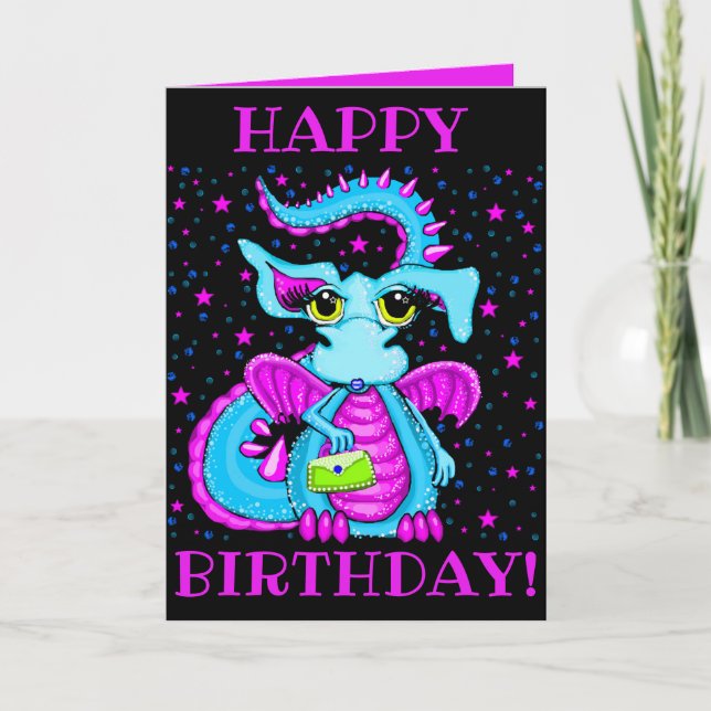 Cute Blue Dragon Tecknad Personlig Birdag Kort (Framsida)