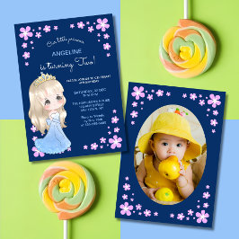 Cute Blue Dress Princess Blommigt Photo Birthday Inbjudningar