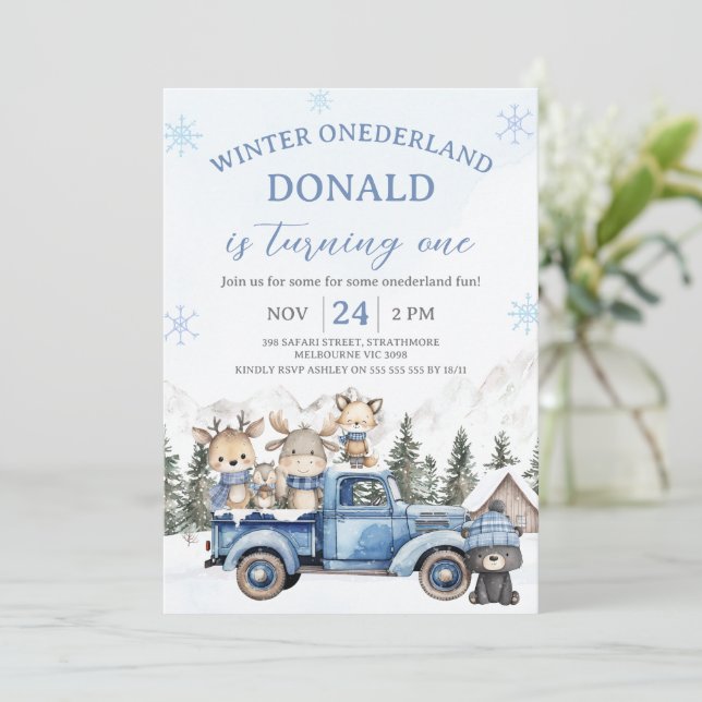 Cute Blue Editiable Winter Onederland Birthday  Inbjudningar (Stående Fram)