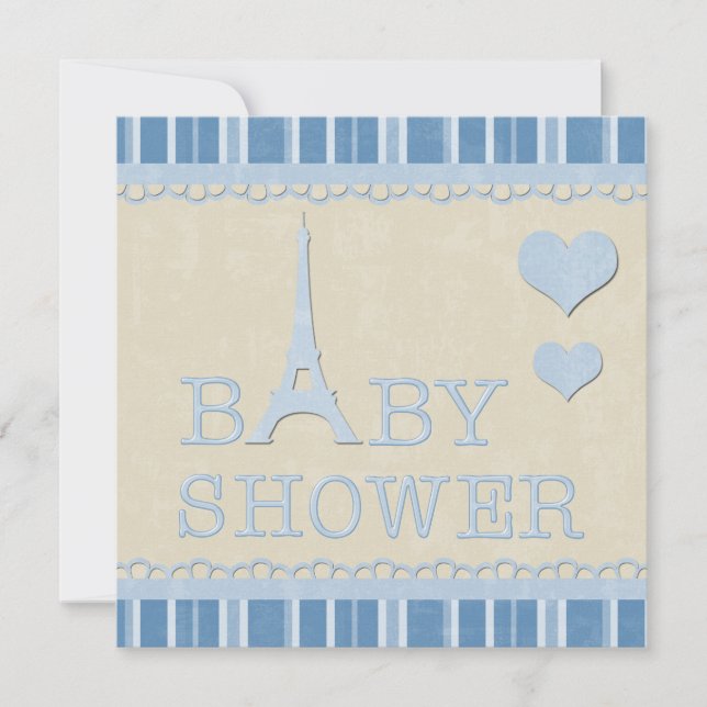 Cute Blue Eiffel Torn och Hearts Baby Shower Inbjudningar (Framsida)