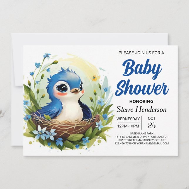 Cute Blue Elegant Bird Boy Shower Inbjudningar (Framsida)